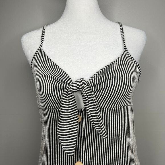 NWT Women's Sz Med Black White Striped Keyhole Tie Chest Button Front Dress Mini - Picture 2 of 7